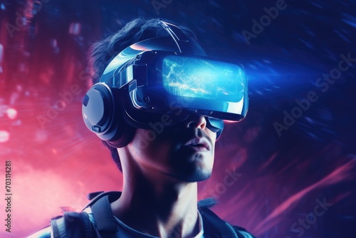 Young man using virtual reality headset. Future technology concept. 3D Rendering, Young woman wearing virtual reality goggles, Future technology and entertainment concept, AI Generated