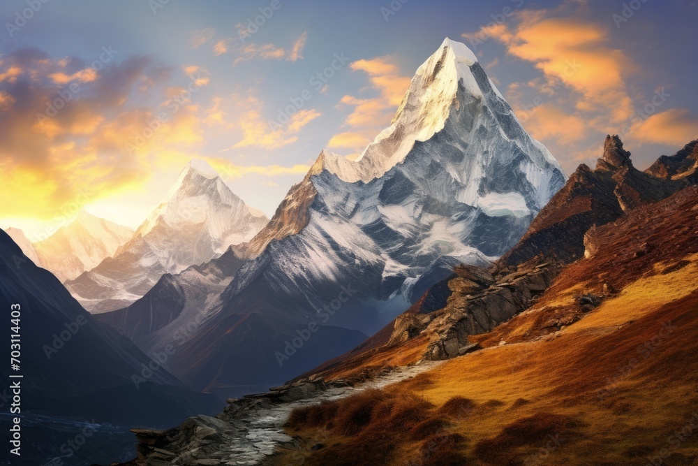 Beautiful mountains landscapes in Cordillera Huayhuash, Peru, South America, Mountain landscape at sunset in the Himalayas, Nepal, Asia, AI Generated