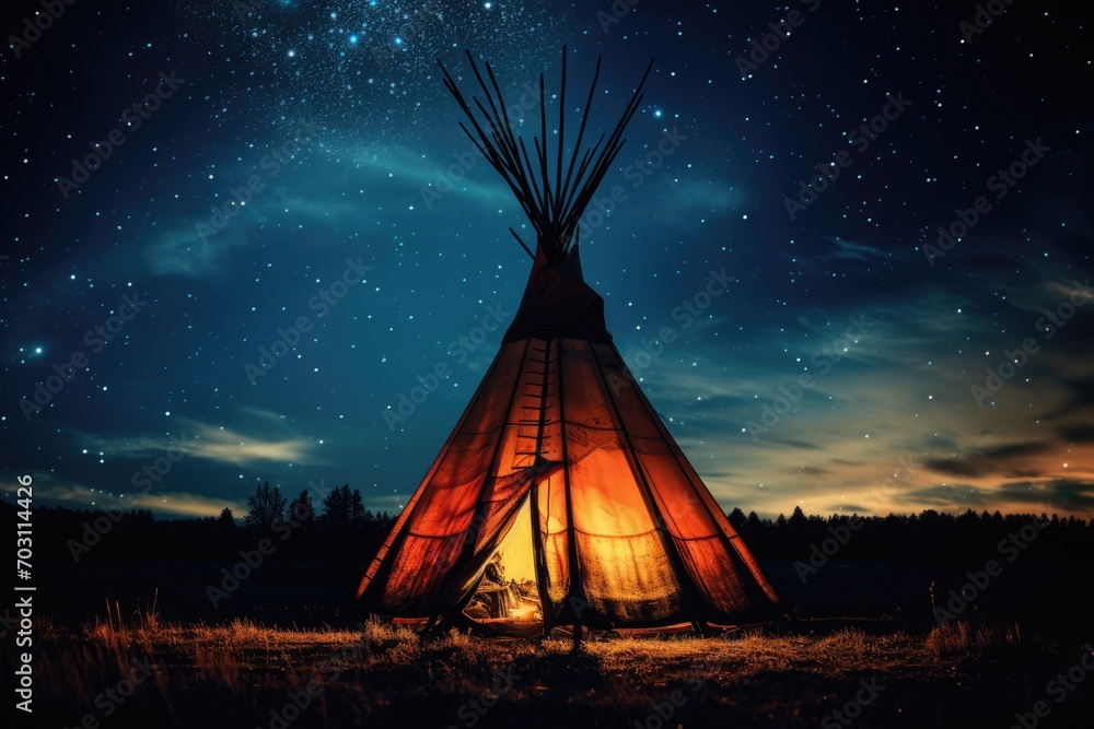 Tribal indian teepee at night with starry sky, Native American Indian teepee at night with a starry sky, AI Generated - obrazy, fototapety, plakaty 