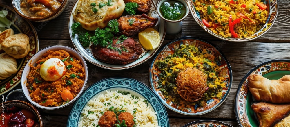 Middle Eastern national traditional food includes Kabsa, hummus, maqluba, tabbouleh, rice, and meat dish, commonly served for Muslim family dinner during Ramadan called iftar, representing the