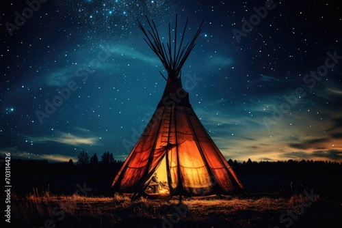 Tribal indian teepee at night with starry sky, Native American Indian teepee at night with a starry sky, AI Generated photo