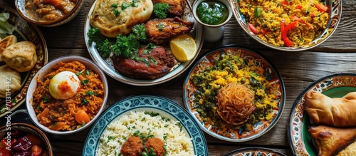 Middle Eastern national traditional food includes Kabsa, hummus, maqluba, tabbouleh, rice, and meat dish, commonly served for Muslim family dinner during Ramadan called iftar, representing the