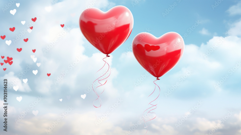 Two red heart-shaped balloons soaring into a blue sky, surrounded by smaller hearts, conveying love and celebration.