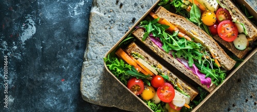 Top-down view of a stone table with a nutritious lunch box featuring a sandwich and vegetables. Ample room for text.