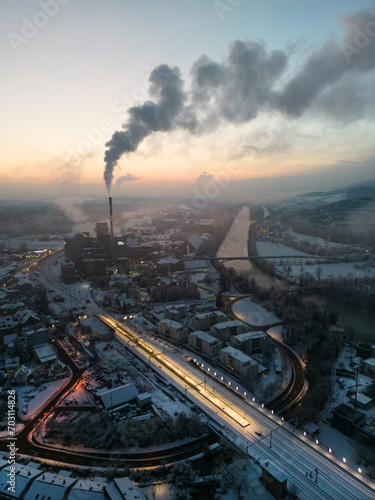 aerial view of a modern industrial  winter andscape 