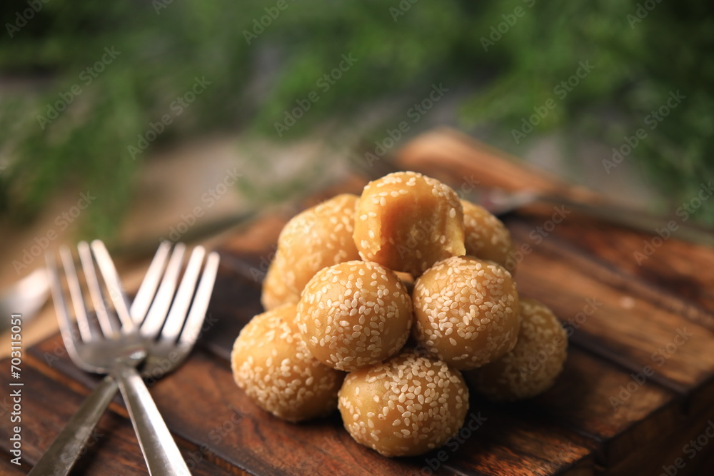 sesame balls Chinese famous food closeup with selective focus and blur