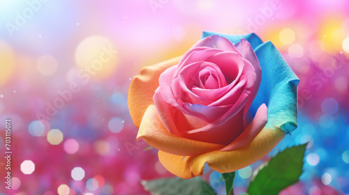 A beautiful multicolored rose in focus against a sparkling bokeh background, symbolizing uniqueness and diversity.