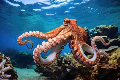 Murais de parede Octopus on the seabed in the blue water of the ocean, Octopus gracefully swimmin