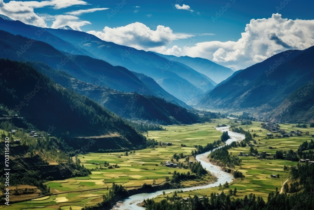 Terraced rice field in Yunnan, China. Yunnan is one of the most important cities in the world, Panorama top view of Paro Valley landscape, Bhutan, AI Generated