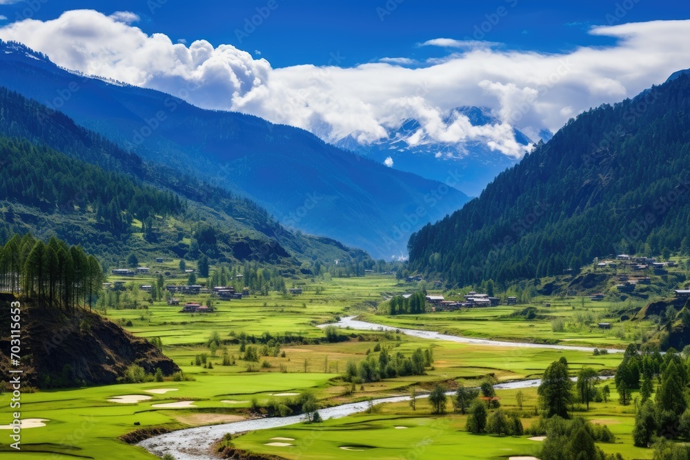 Beautiful landscape of green field and mountain in Himalayas, Nepal, Panorama view of Paro valley, Bhutan, AI Generated