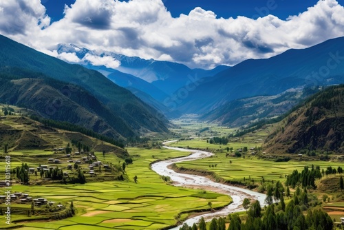 View of the valley and the river in the Himalayas, Panorama top view of Paro Valley landscape, Bhutan, AI Generated