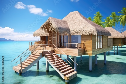 tropical house on the water 3d render concept for summer vacation  Overwater bungalows with steps into the green lagoon  AI Generated