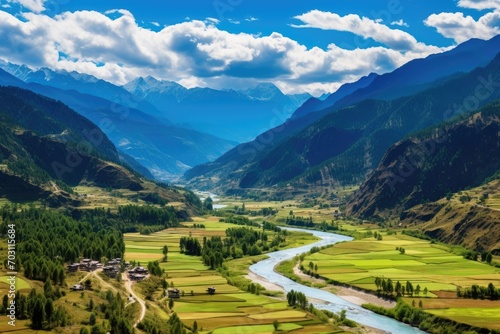 Terraced rice fields in Sichuan Province, China, Panorama view of Paro valley, Bhutan, AI Generated photo