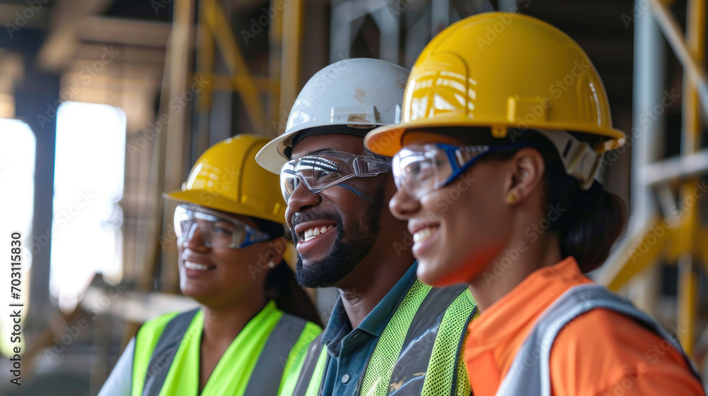 A group of multi-ethnic workers at a construction site wearing hard hats A group of multi-ethnic workers at a construction site wearing hard hats