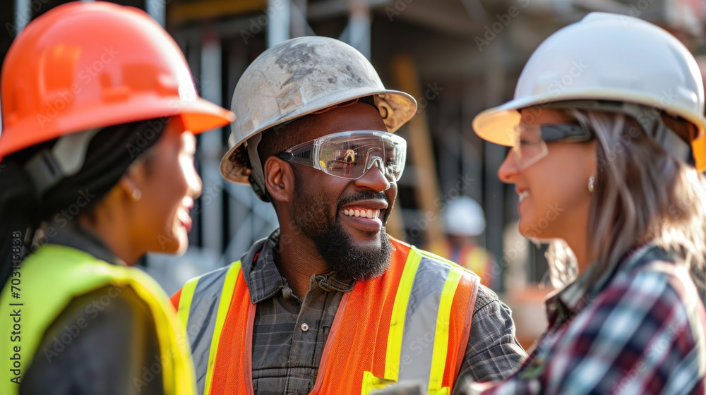 A group of multi-ethnic workers at a construction site wearing hard hats A group of multi-ethnic workers at a construction site wearing hard hats