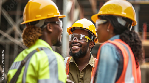 A group of multi-ethnic workers at a construction site wearing hard hats talking