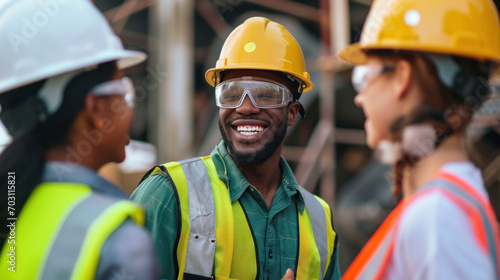 A group of multi-ethnic workers at a construction site wearing hard hats talking