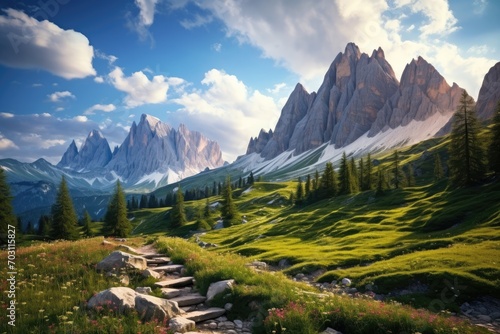 Beautiful summer landscape in Dolomites mountains, Italy, Europe, Panoramic view of the Dolomites in Italy, Europe, AI Generated