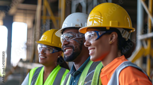A group of multi-ethnic workers at a construction site wearing hard hats
