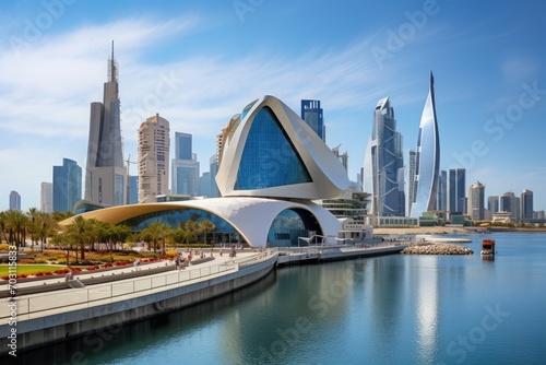 Modern buildings in Dubai, UAE. Dubai was the fastest developing city in the world between 2002 and 2008, Panoramic view of the Museum of Future and Emirates towers buildings, AI Generated