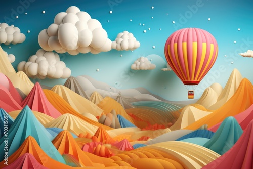 3d illustration of hot air balloon flying over colorful mountain with clouds  Paper art style of a hot air balloon flying in the sky  AI Generated