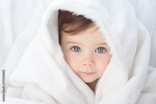 baby in a white fur coat on a gray background, close-up, Portrait of a cute baby under a white blanket on a light background, AI Generated