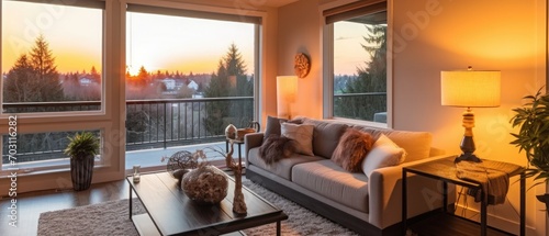 Beautiful Living Room Detail with Sunrise View in New Home