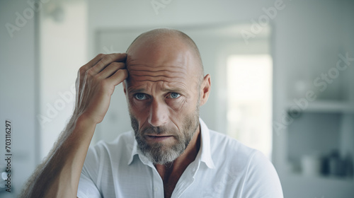 薄毛や脱毛に悩む中年男性 Middle aged man worries about hair loss photo