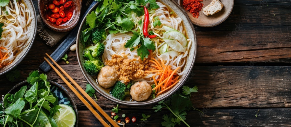 Thai dish with rice noodles, fish curry sauce, meatball, and vegetables. Thai dish with rice noodles, fish curry sauce, meatball, and vegetables.