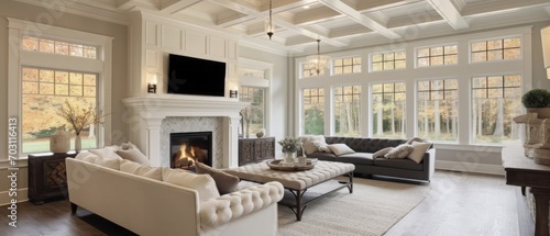 Beautiful living room interior with hardwood floors, coffered ceiling, and roaring fire in fireplace, in new luxury home