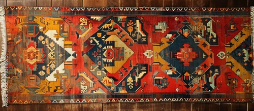 Traditional Turkish carpet fragment with decorative geometric designs. photo