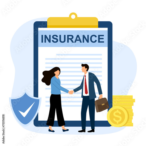 Insurance company representative is shaking hand with client after signing insurance policy.