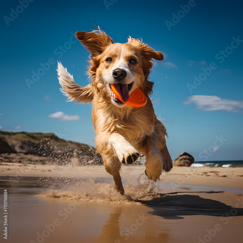 A playful dog chasing a frisbee on a sandy beach.