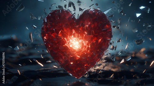 Broken red glass heart for Valentines say concept. The idea of unrequited love or divorce photo
