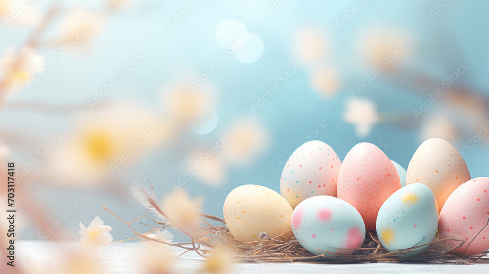 Colorful Easter eggs nestled among spring blossoms with soft-focus flowers and light creating a fresh, seasonal atmosphere.