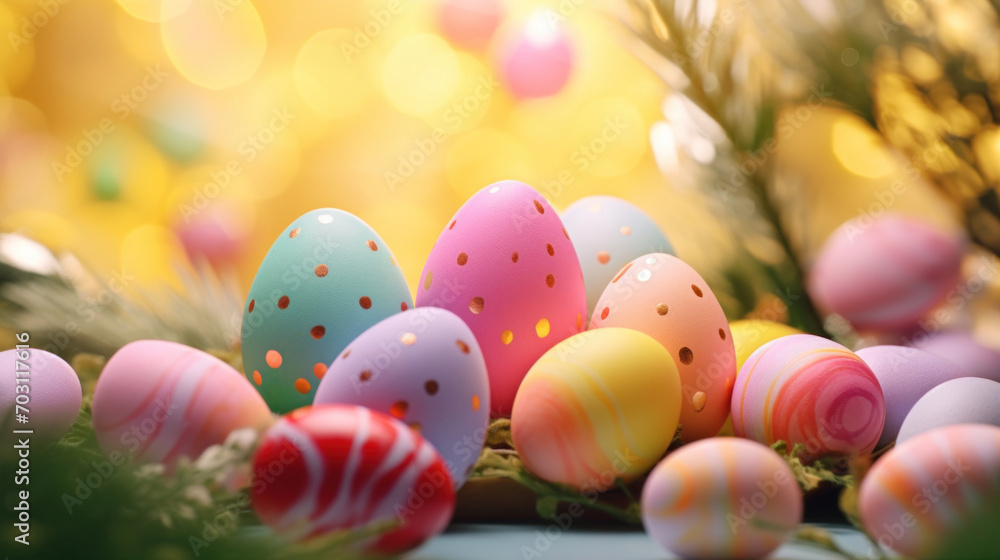 A charming display of assorted Easter eggs decorated with polka dots and stripes in a bright, sunlit setting with soft bokeh.