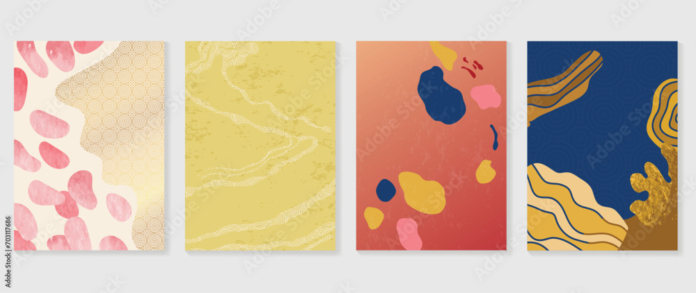 Chinese New Year cover background vector. Year of the dragon design with abstract shape, oriental pattern, gold foil, watercolor texture. Elegant oriental illustration for cover, banner, website.