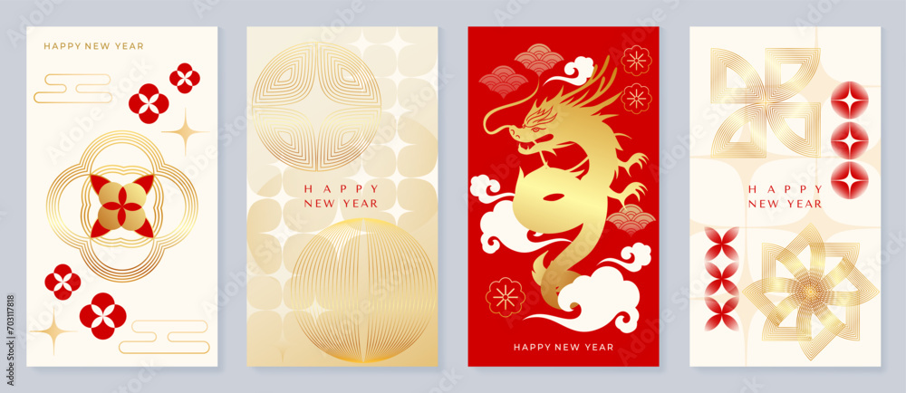 Chinese New Year cover background vector. Year of the dragon design with oriental pattern, lanterns, dragon, cloud, flowers, firework, gold. Elegant oriental illustration for cover, banner, website.