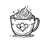 black and white, a cute coffee mug with a heart shape in the coffee foam, svg 162