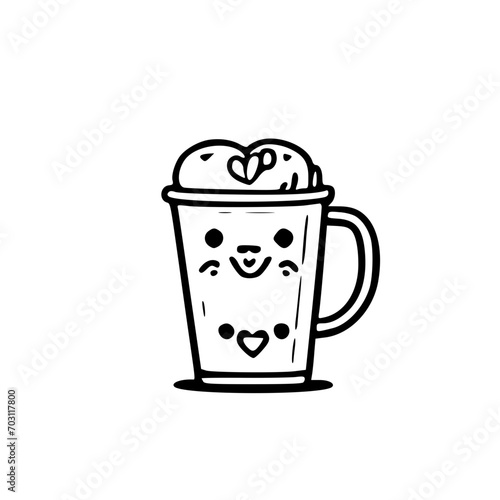 black and white, a cute coffee mug with a heart shape in the coffee foam, svg 162