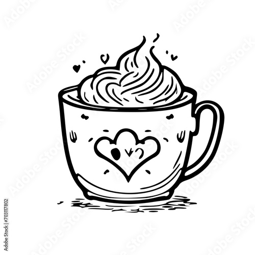 black and white, a cute coffee mug with a heart shape in the coffee foam, svg 162
