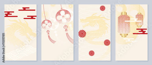 Chinese New Year cover background vector. Year of the dragon design with lanterns, sea wave, dragon, coin, flowers, firework, gold texture. Elegant oriental illustration for cover, banner, website.