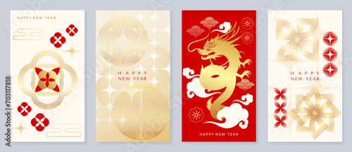 Chinese New Year cover background vector. Year of the dragon design with oriental pattern  lanterns  dragon  cloud  flowers  firework  gold. Elegant oriental illustration for cover  banner  website.