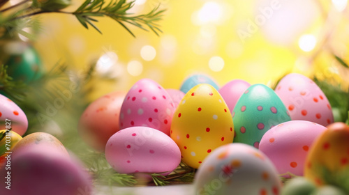 Colorful Easter eggs with playful polka dots nestled in fresh greenery, highlighted by a warm, sunlit bokeh background.