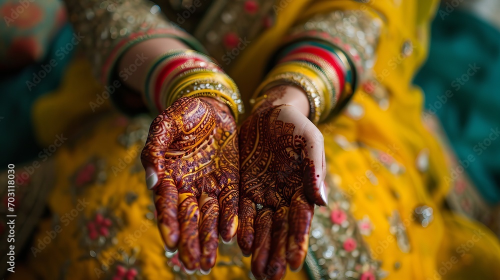 View of Beautiful Henna Tattoo on Hands Adorned with Colorful Bangles, Wearing Traditional Yellow Attire