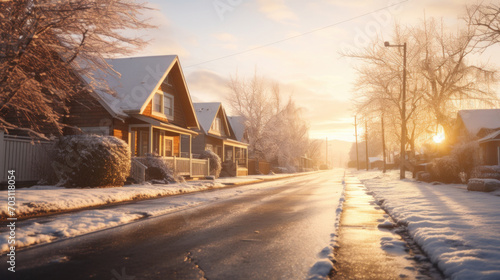 A snow-covered suburban street is bathed in the warm glow of a winter sunrise, creating a peaceful and idyllic morning scene.