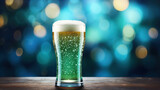 A pint of green beer with bubbles against a bokeh light background, perfect for St. Patrick's Day celebrations.