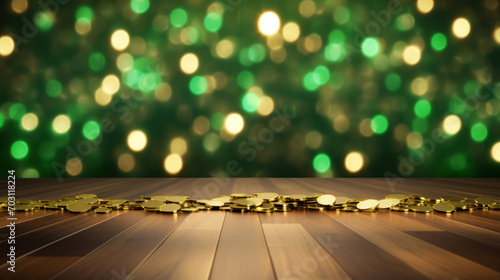 A collection of scattered gold coins lying on a wooden surface with a green bokeh light background, evoking wealth and luck. photo