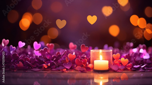 A single candle glowing warmly amidst a sea of purple heart confetti  creating a romantic and intimate atmosphere.