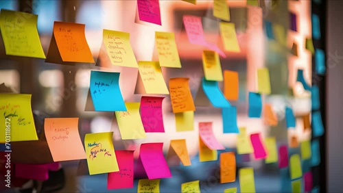 Closeup of a bulletin board with colorful sticky notes, each representing a different topic being discussed in the online fan community. photo